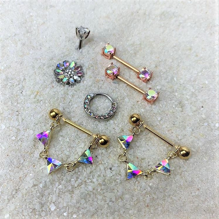 14G 9/16 Aurora CZ Gem Rose Gold Tone Barbell Nipple Ring Set