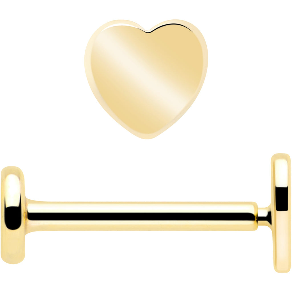 14k Solid Yellow Gold 3mm Heart Threadless Push In Flat Back Stud
