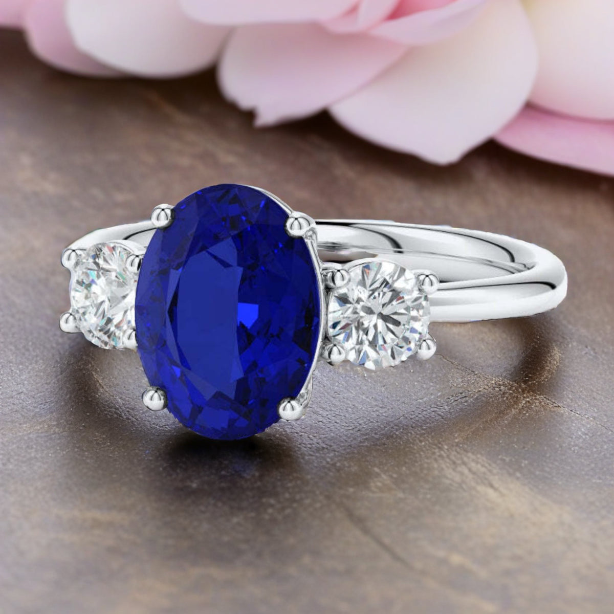 2.50 CTW Oval Lab-Grown Blue Sapphire Diamond Three-Stone Engagement Ring AGI Certified 8×6mm 14K White Gold
