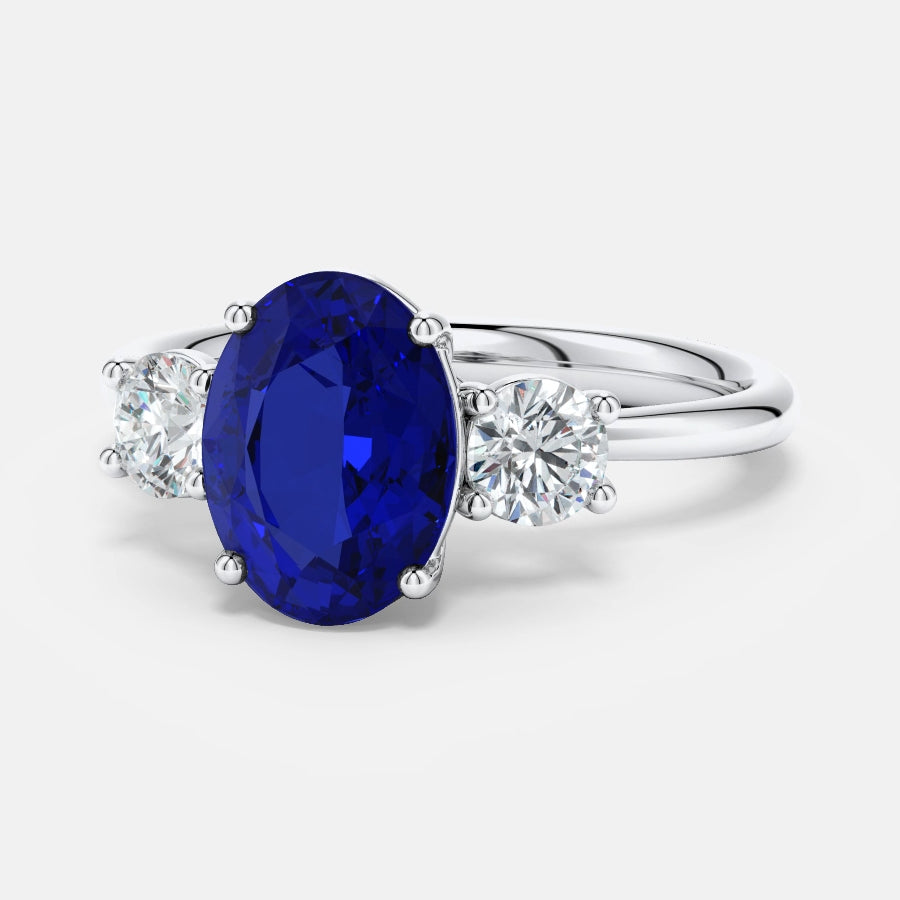 2.50 CTW Oval Lab-Grown Blue Sapphire Diamond Three-Stone Engagement Ring AGI Certified 8×6mm 14K White Gold